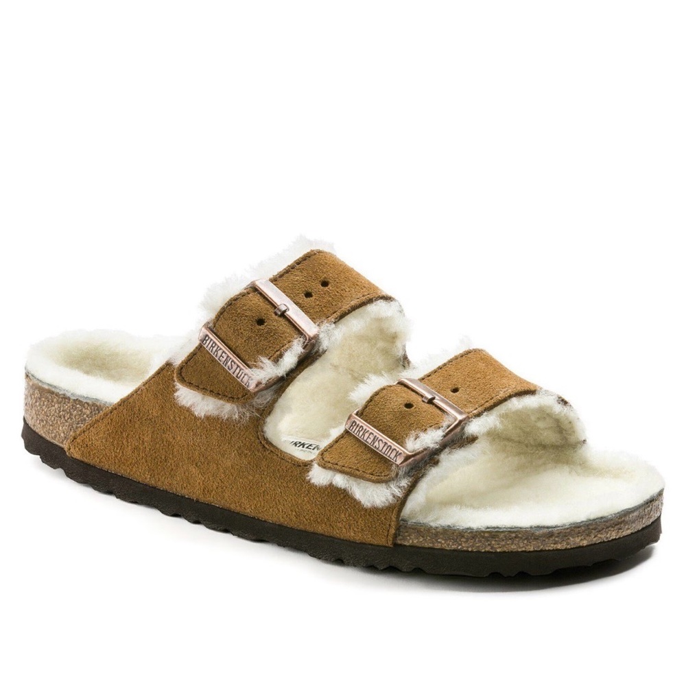 Birkenstocks sandals shearling Arizona brown camel suede